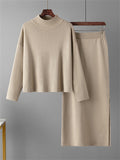 Elegant Crew Neck Knitted Sweater + Side Slit Skirt