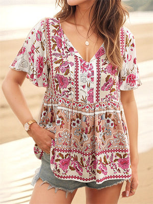 Women's Casual Holiday Style Print V Neck Short Sleeve Shirts