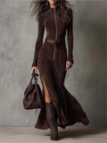 ‌Elegant Brown Zip Up Slim Fit Split Maxi Dress for Women‌
