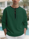Men's Contrast Trim Cotton Linen Casual Long-sleeved Henry Shirts