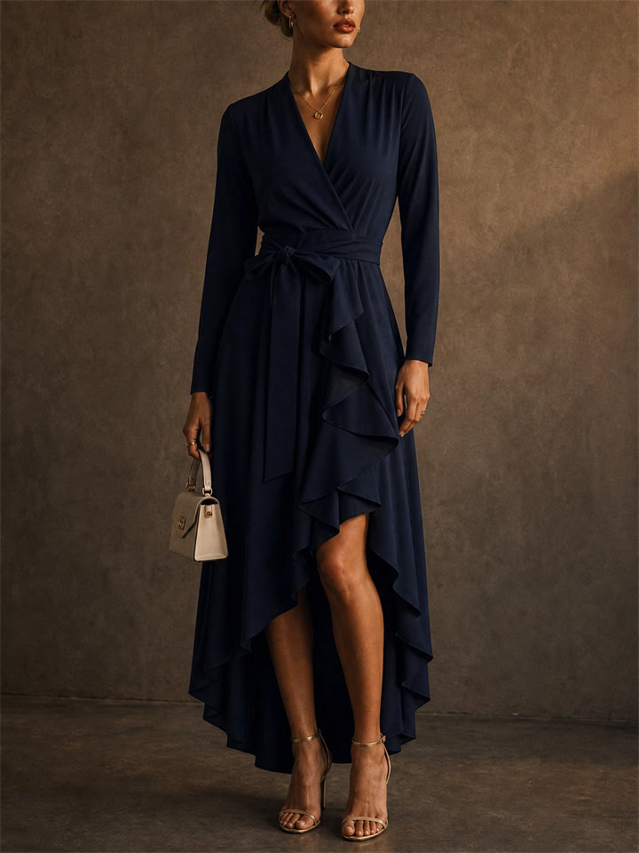 Women Long Sleeve Wrap High Low Ruffle Evening Dress