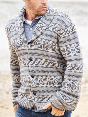 Autumn Keep Warm Jacquard Lapel Button Sweater for Men