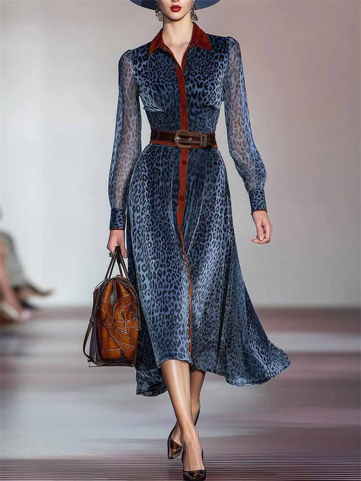 ‌Elegant Leopard Print Contrast Trim Long Shirt Dress for Women