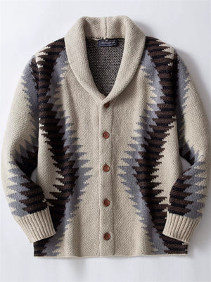 Men's Retro Contrast Color Autumn Jacquard Lapel Cardigan Sweaters