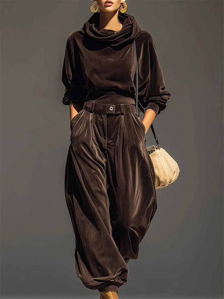Women's Autumn Chic Coffee Velvet Hooded Top and Wide Leg Cuffed Pants Set