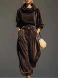 Women's Autumn Chic Coffee Velvet Hooded Top and Wide Leg Cuffed Pants Set