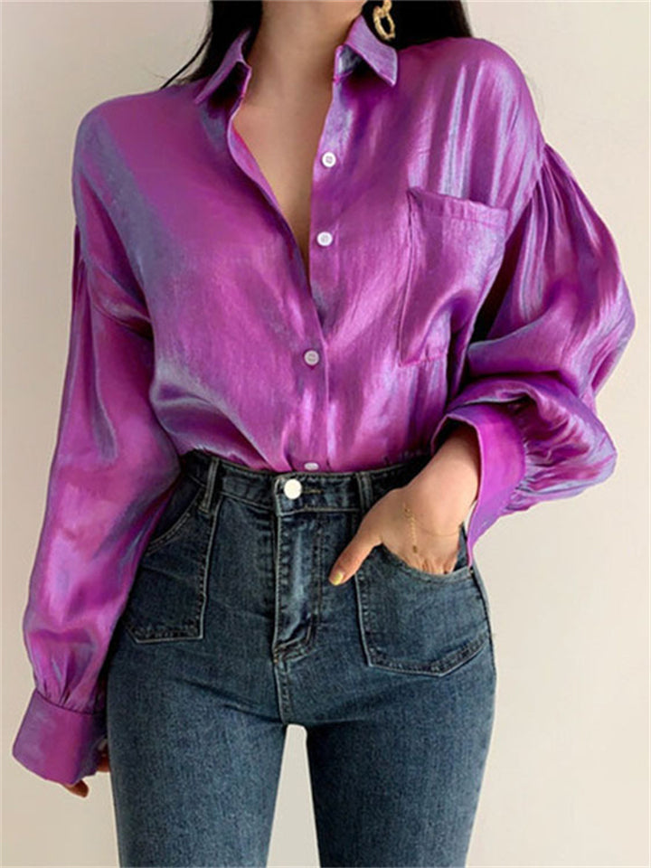 Charming Ladies Lantern Sleeve Lapel Collar Button Glimmer Blouse