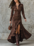 ‌Elegant Faux Suede Buttoned Pullover Knee Length Slit Dress for Women‌