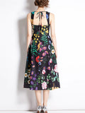 French Style Holiday Elegant Flowers Print Strappy Midi Dress for Lady