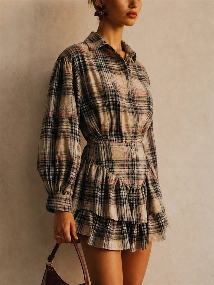 Women Plaid Long Sleeve Ruffle Top and Tiered Mini Shirt Set