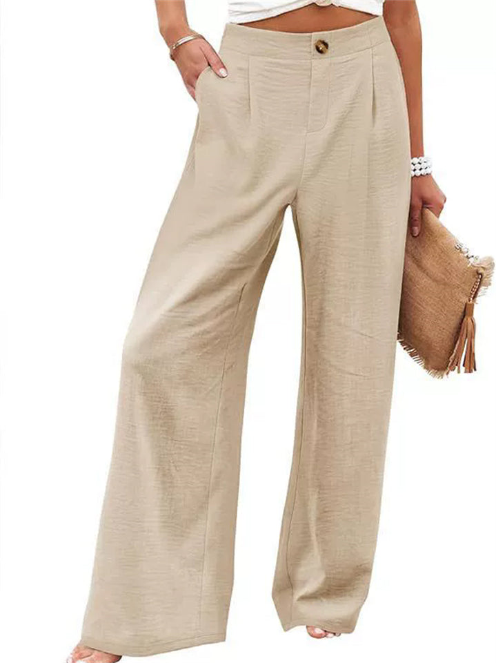 Women's Comfy High Waisted Cotton Linen Wide Leg Pants with Pockets