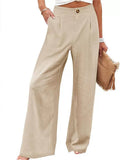 Women's Comfy High Waisted Cotton Linen Wide Leg Pants with Pockets