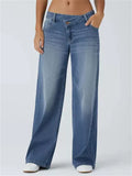 Women's Solid Color Criss-Cross Waist Wide Leg Denim Pants