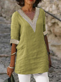 Women's Deep V-neck Half Sleeve Cotton Linen Shirts