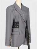 Women's Gray V-neck Long Sleeve Tie-waist Suit Coat