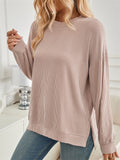 Women's Casual Solid Color Split Round Neck Long Sleeve T-Shirt