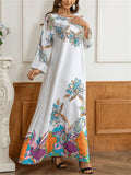 Women's Beads Flowers Printed Round Neck Long Sleeve Maxi Dress