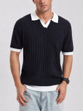 Mens Old Money Style Ribbed Contrast Knit Polo Shirt