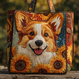 Cute Corgi Dog Sunflower Canvas Tote Bag