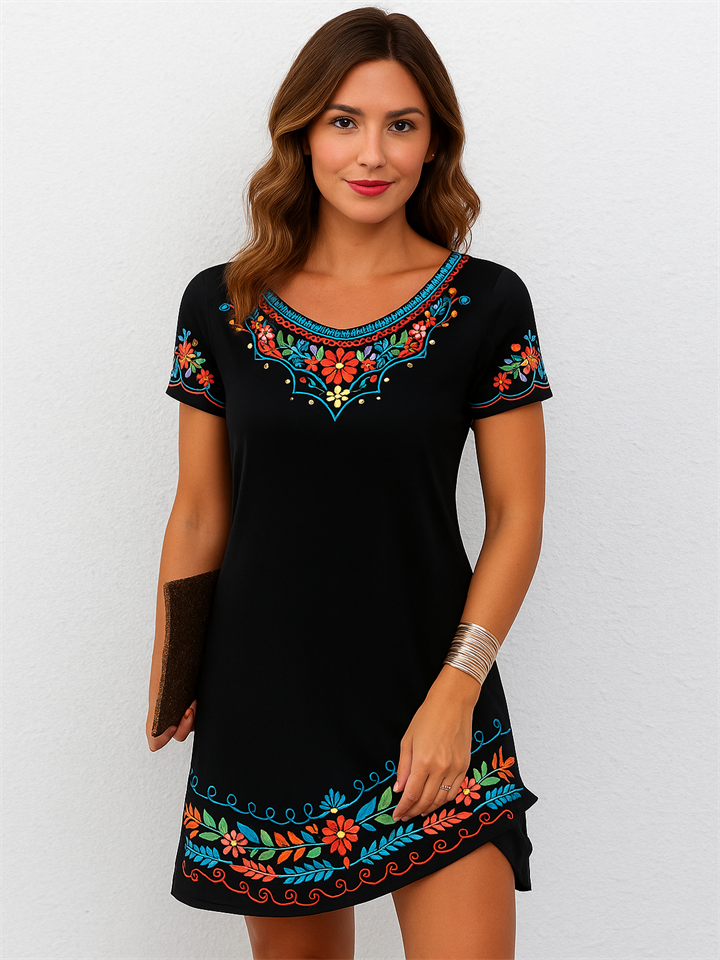 Floral Printed Short Sleeve Round Neck Dresses