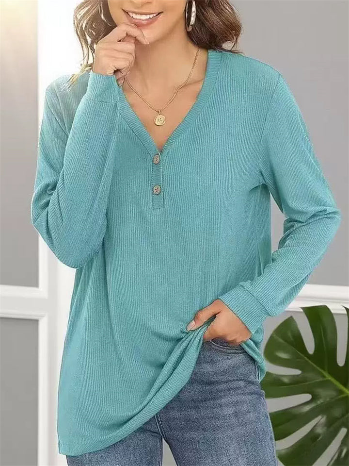 Women's Autumn V Neck Buttons Pullover Casual Long Sleeve Shirts