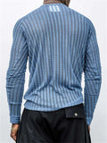 Male's Blue Texture Striped Long Sleeve Round Neck Undershirt