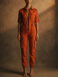 Women Utility Zip Front Cotton Blend Jogger Cargo Jumpsuit
