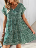 Women's Summer Printed Chiffon V Neck Ruffled Sleeve Dress