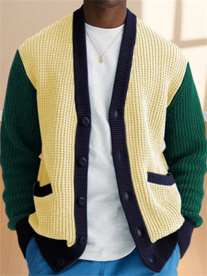 Men's Casual Contrast Color Lapel Long Sleeve Waffle Knit Sweater