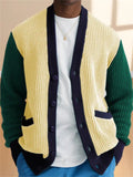 Men's Casual Contrast Color Lapel Long Sleeve Waffle Knit Sweater