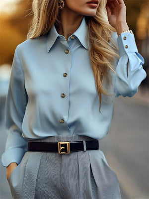 Women's Elegant Blue Solid Color Button Up Lapel Long Sleeve Blouses