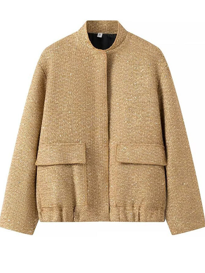 Women's Bling Solid Color Pockets Stand Collar Long Sleeve Coat