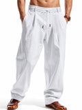 Men's Summer Casual Linen Solid Color Drawstring Wide Leg Trousers