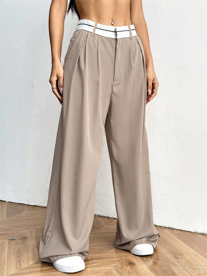 Casual Loose Fit Patchwork Wide Leg Suit Pants for Women