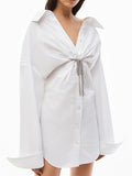 Women's Solid Color V-Neck Tie Waist Lapel Blouses