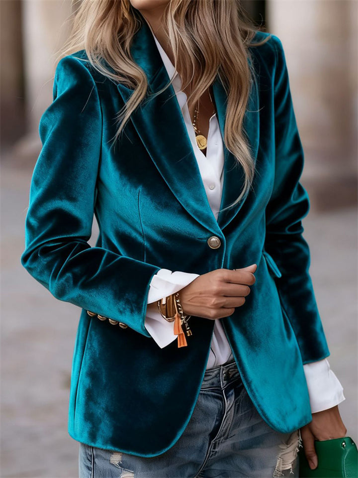 A‌utumn Single Breasted Lapel Velvet Blazer for Women with Button Details