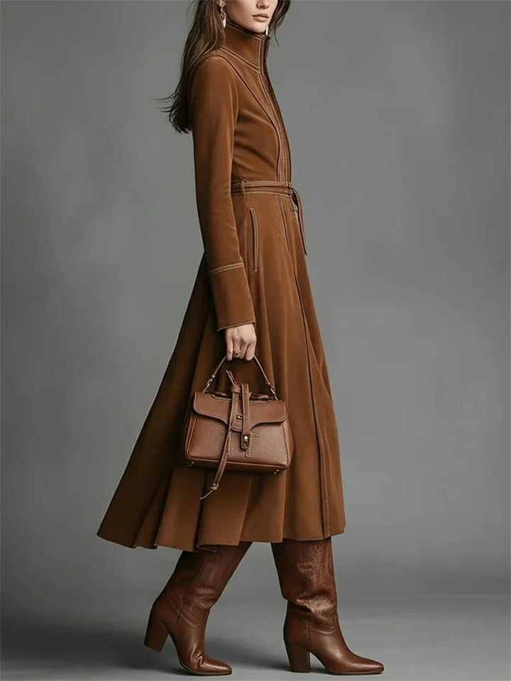 Retro Brown Suede Long Dress for Women with Zipper and Belt