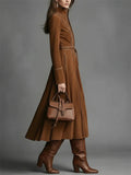 Retro Brown Suede Long Dress for Women with Zipper and Belt