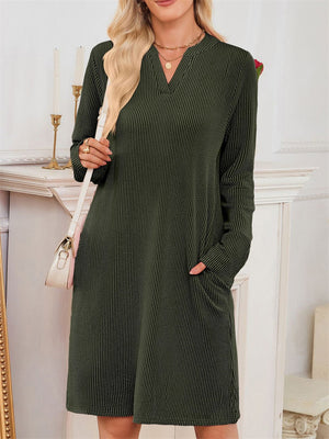 Women's Casual Solid Color V Neck Long Sleeve Knee Length Dress