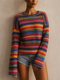 Womens Boho Rainbow Striped Geometric Crewneck Knit Top