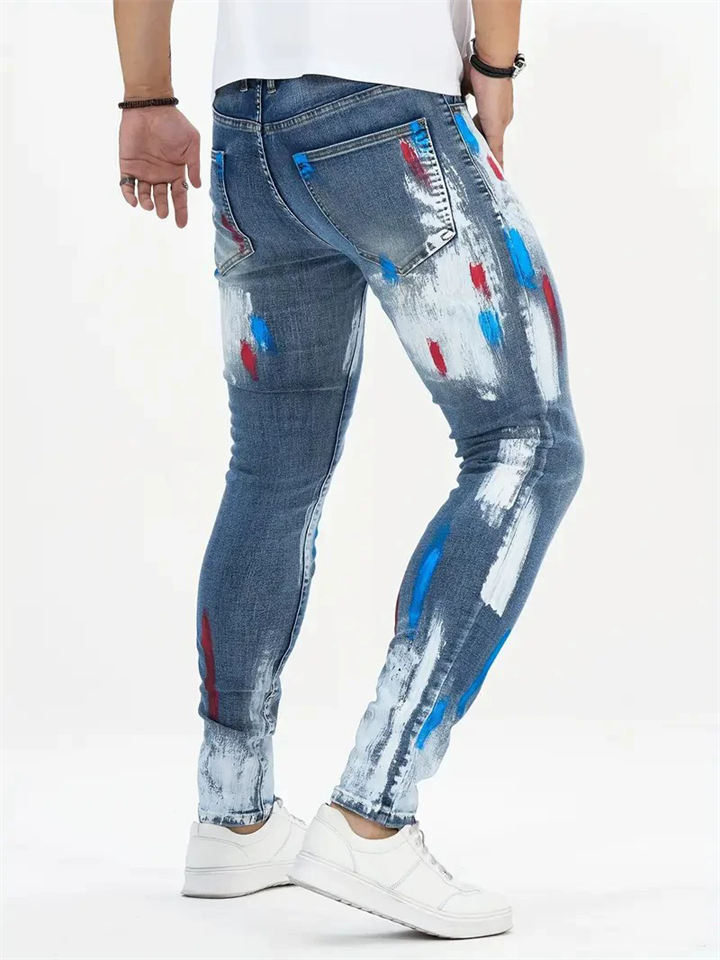 Men Streetwear Painted Print Skinny Jeans Stretch Denim Pants