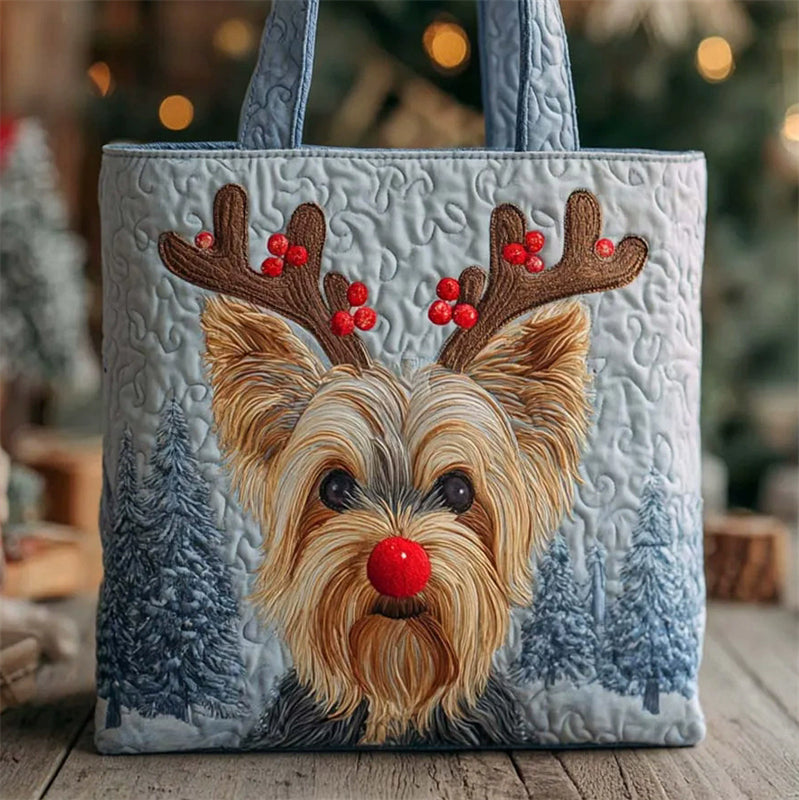 Yorkshire Terrier Reindeer Print Christmas Quilted Tote Bag
