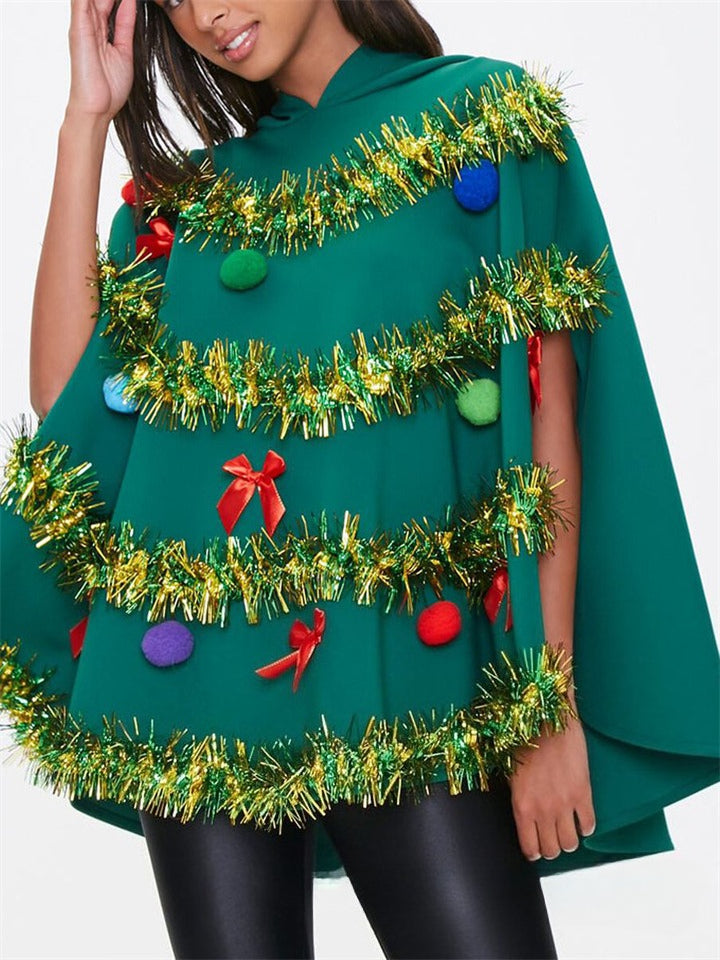 Women's Green Christmas Tree Sleeveless Hooded Cloaks