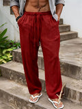 Mens Summer Casual Elastic Waist Drawstring Cotton Linen Beach Pants