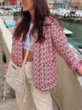 Women's Contrast Color Geometry Print Long Sleeve Cardigan Coat