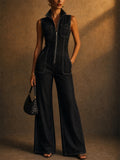 Womens 70s Retro Sleeveless Zip Wide Leg Denim Jumpsuit