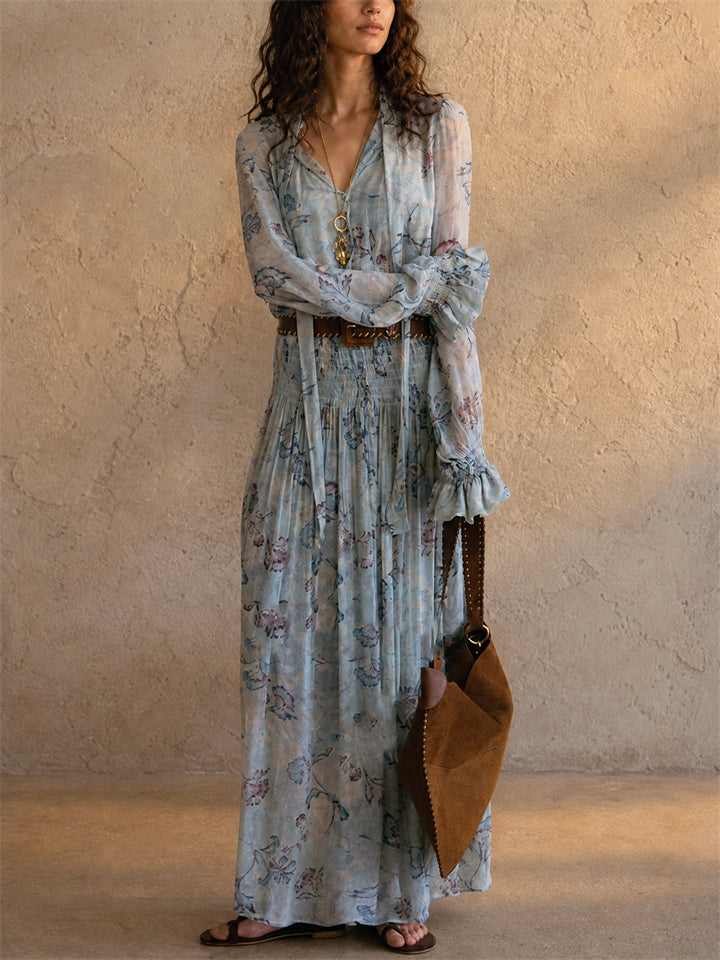 Women ELegant Blue Floral Boho V Neck Long Sleeve Flowy Maxi Dress