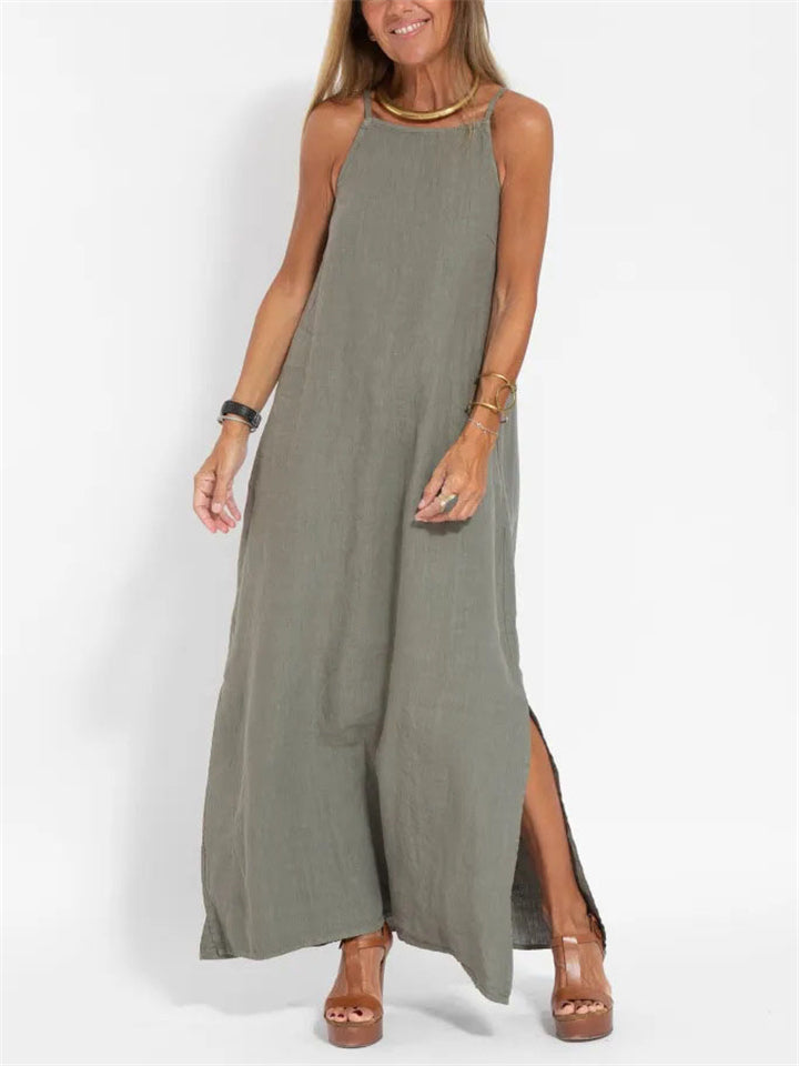 Cozy Flowy Cotton Linen Side Split Tank Dress for Women
