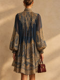 Women Gold Paisley Print Chiffon Lantern Sleeve Mini Dress