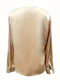 ‌Women's Elegant Champagne Sabrina Neck Satin Ruched Long Sleeve Blouse‌s